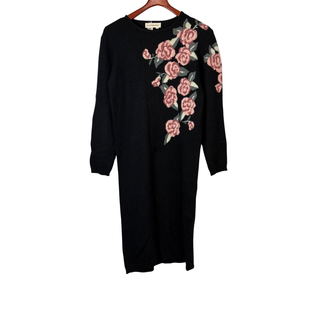 Outlander Vintage Lambswool Angora‎ Floral Rose Knit Sweater Dress Black Pink M
